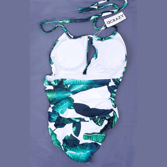 NWT Women's M Palm Leaves Plunge Halter Top One Piece Swim Suit - Picture 3 of 5